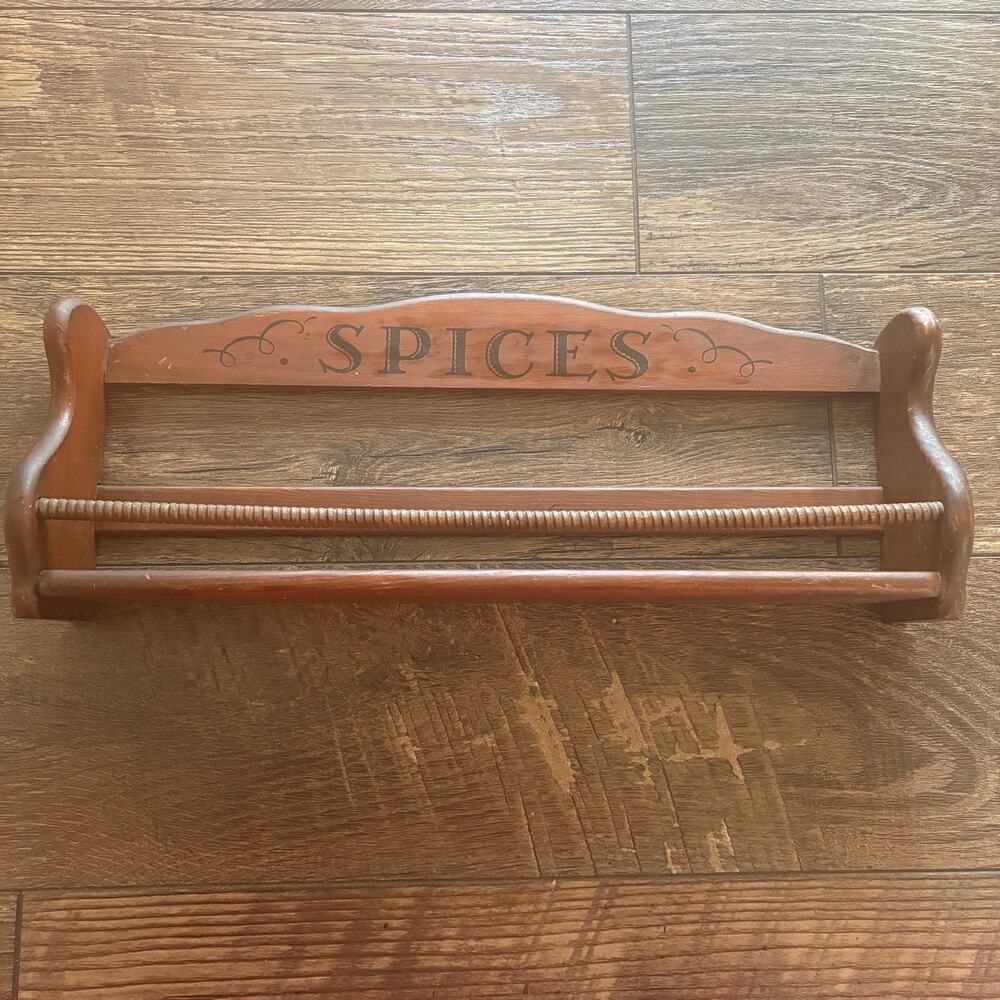 Vintage Spice Rack Wooden Dark Stain One Tier Grooved Spindle Rail Hangable
